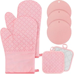 7Pcs Oven Mitts and Pot Holders with Heat Resistant for Cooking and Baking in Pink