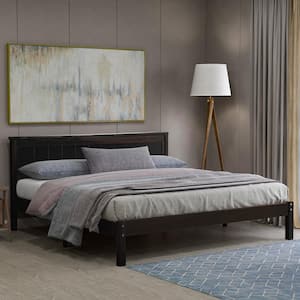 Modern Espresso (Brown) Wood Frame Queen Size Platform Bed with Headboard, Solid Wood Legs and Support Slats