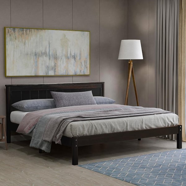 Harper & Bright Designs Modern Espresso (Brown) Wood Frame Queen Size Platform Bed with Headboard, Solid Wood Legs and Support Slats