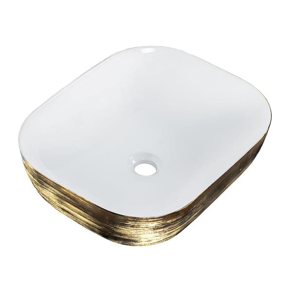 S STRICTLY KITCHEN + BATH Luxury Rectangular Porcelain Vessel Sink in Gold and White Brushed