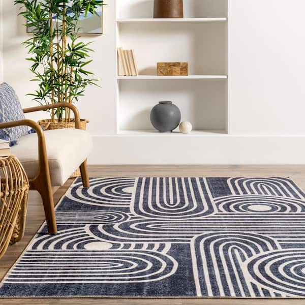 Simple Industrial Rug Polyester Swirl Striped Pattern Carpet Washable  Non-Slip Backing Pet Friendly Area Rug for Bedroom