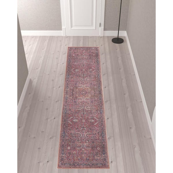 Blue and Red 2 ft. x 10 ft. Floral Power Loom Distressed Washable Runner Rug