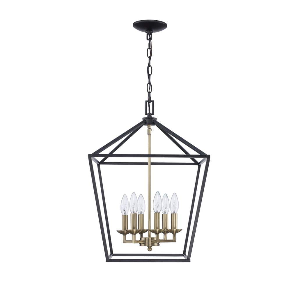 Home Decorators Collection Weyburn 6-Light Black and Gold Caged Farmhouse Chandelier for Dining Room, Lantern Kitchen Light