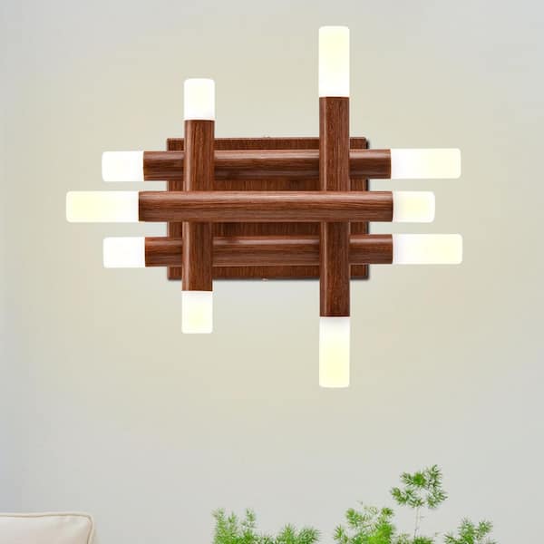 Kyoto 8-Light Cherry Wood Integrated LED Scandi Minimalist Wall Sconce, Dimmable Geometric Wall Light Fixture