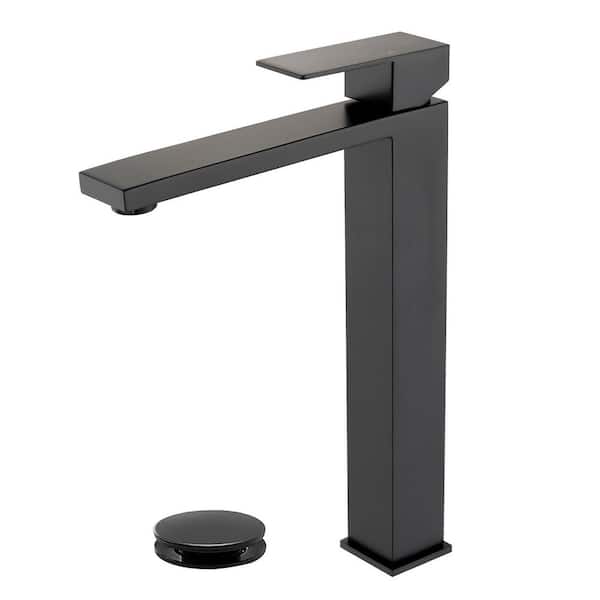 Single Handle Vessel Sink Faucet with Pop-Up Drain, Modern Tall Single Hole Bathroom Sink Faucet in Matte Black