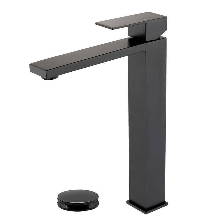 Single Handle Vessel Sink Faucet with Pop-Up Drain, Modern Tall Single Hole Bathroom Sink Faucet in Matte Black