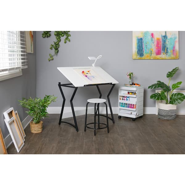 Hourglass 36 in. Rectangular White/Black MDF Craft Desk with Adjustable Angle and Wood Stool