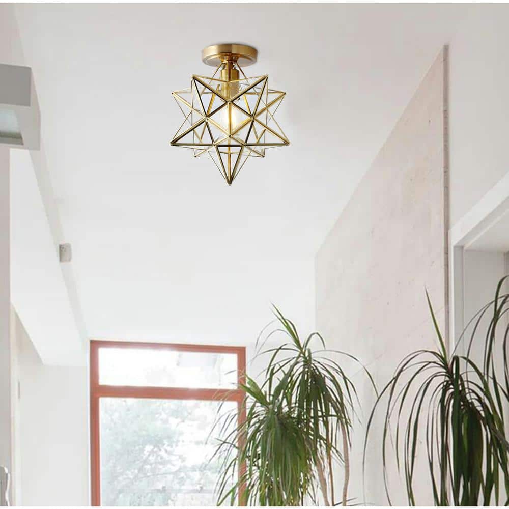 Brass Moravian Star Flush Mount Ceiling Light with Clear Glass
