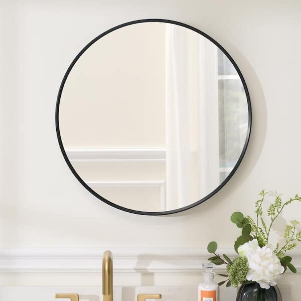FORCLOVER 24 in. W x 24 in. H Round Aluminium Framed Wall Mount Bathroom Vanity Mirror in Matte Black