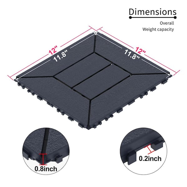 12 in. x 12 in. Dark Gray Outdoor Modular Interlocking Deck Tile Floor Tile, DIY, 44 Pieces