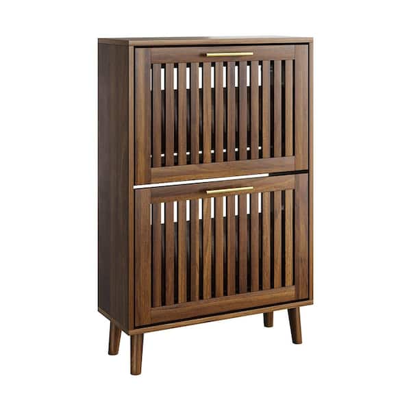 Faith 36.4 in. H x 23.6 in. W Brown Wood Shoe Storage Cabinet with 2 Flip Drawers, Gold Metal Handle