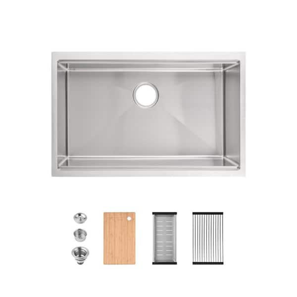 30 in. Undermount Single Bowl Stainless Steel Kitchen Sink with Drain, Cutting Board, Drainage Basket, Roll-UP Dish Rack
