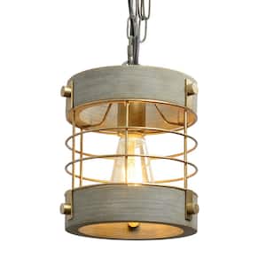 1-Light Blue Gray Farmhouse Metal and Wood Rustic Pendant Light Industrial caged Pendant Lighting for Kitchen Island