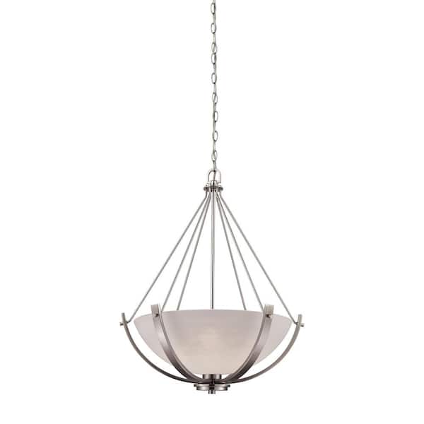 Thomas Lighting Casual Mission 3-Light Brushed Nickel Chandelier With White Lined Glass Shade