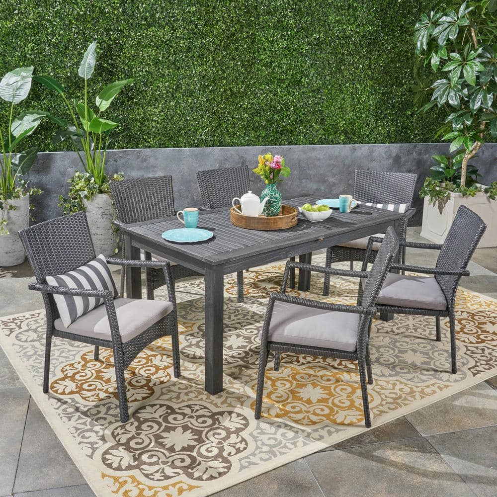 Davenport Sandblast Dark Grey 7-Piece Wood and Grey Faux Rattan Outdoor Patio Dining Set
