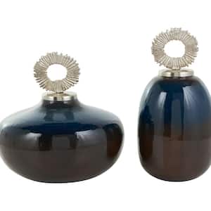 Blue Metal Ombre Decorative Jars with Brown Accents and Silver Ring Handles (Set of 2)
