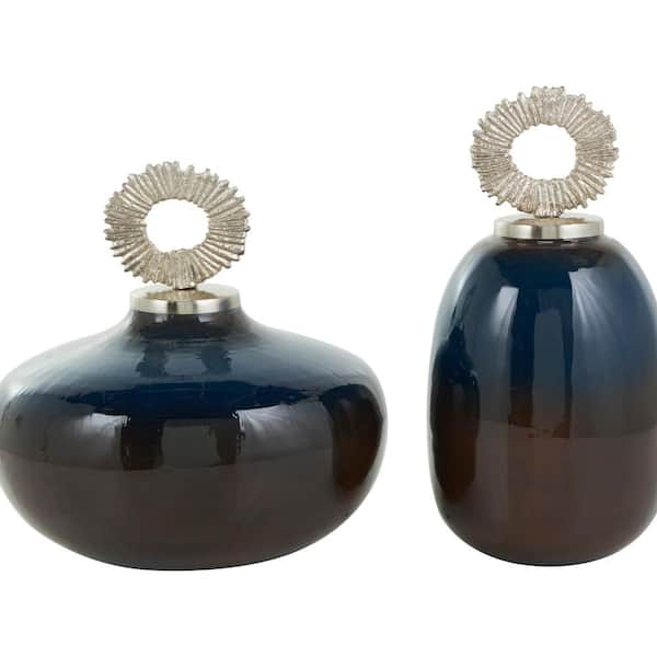 Litton Lane Blue Metal Ombre Decorative Jars with Brown Accents and Silver Ring Handles (Set of 2)