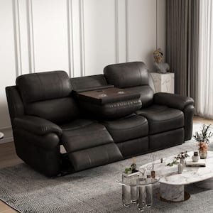 83 in. W Round Arm Faux Leather Rectangle Power Reclining Sofa in Espresso with Console, 2 Cup Holders, Wireless Charger