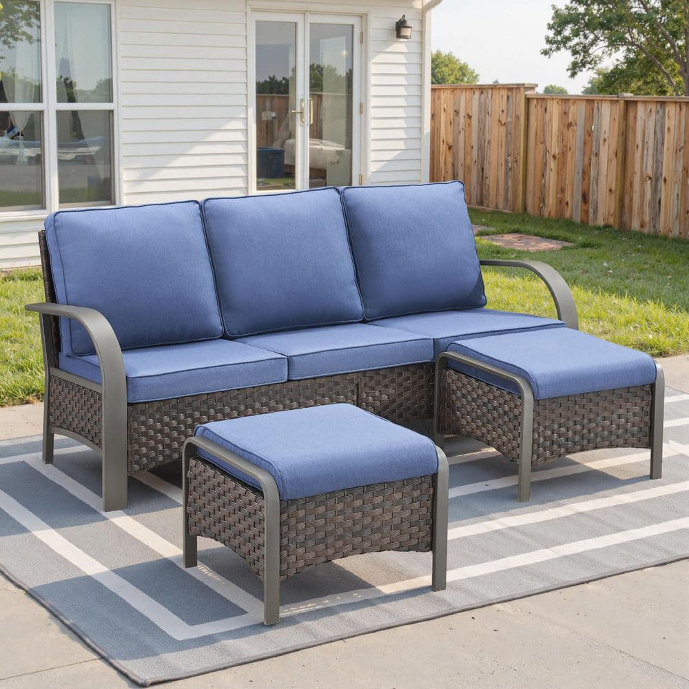 Terraze Brown 3-Piece Wicker Outdoor Sectional Couch Patio 3-Seat Sofa with Multifunctional Ottomans Blue Cushions price history on PriceWatchPro