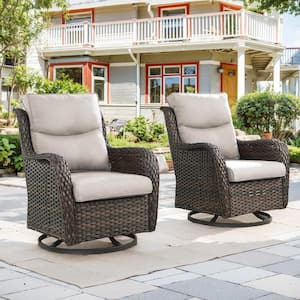 Brown Swivel Glider Wicker Outdoor Rocking Chair with Beige Cushions (2-Pack)