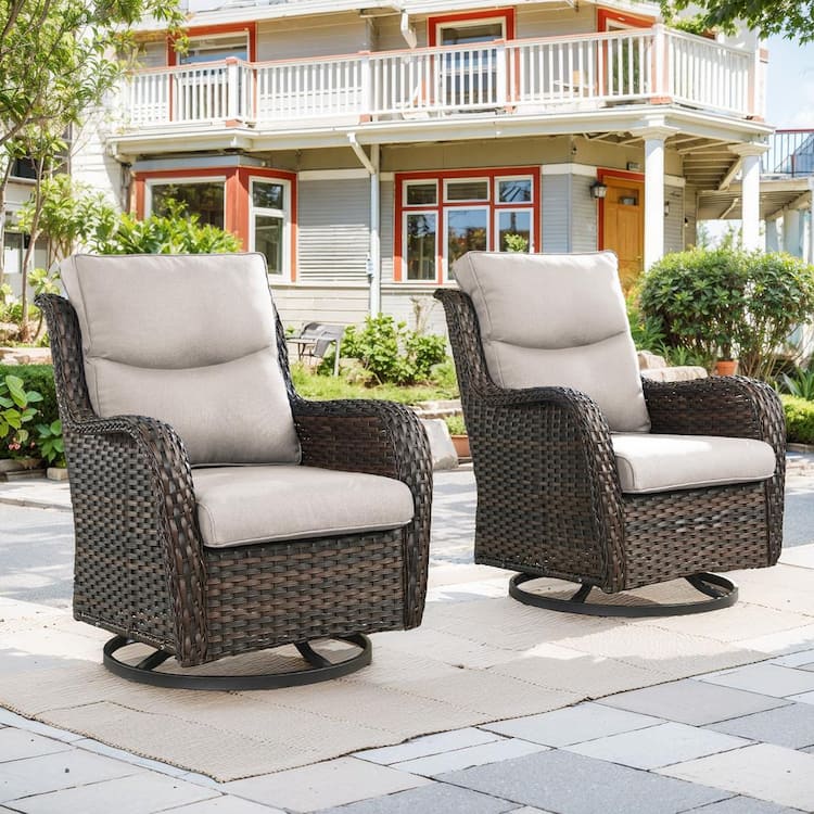 moosprr Brown Swivel Glider Wicker Outdoor Rocking Chair with Beige Cushions (2-Pack)