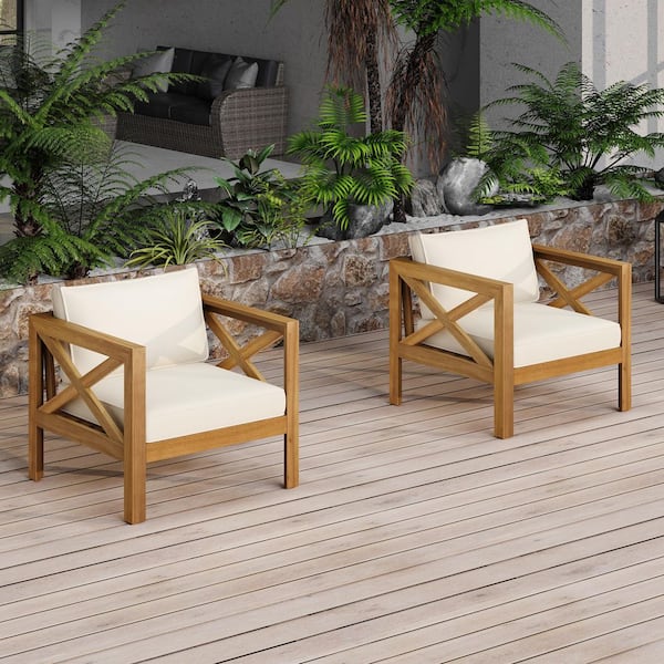 Madras Modern Patio Teak Finish Solid Wood Outdoor Lounge Chairs with Beige Cushions, (Set of 2)