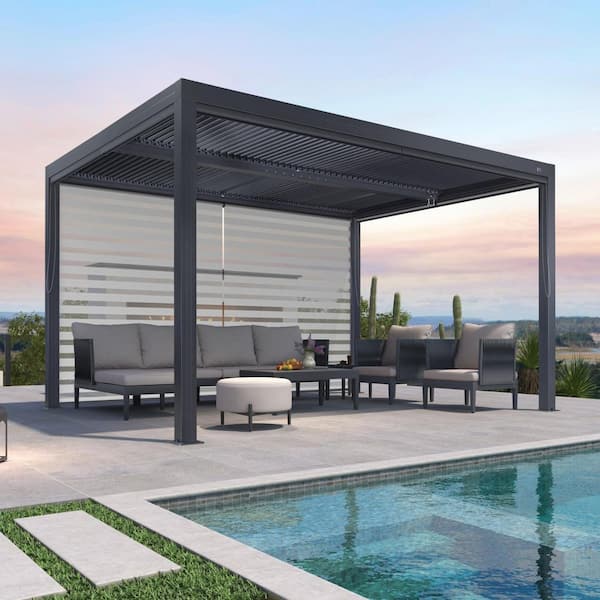 11 ft. x 13 ft. Gray Aluminum Frame Louvered Pergola with AdjustableSunshade Roofs and 1-Long Side Roller Shades