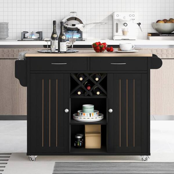 FUNKOL 48 in. Black Rolling Kitchen Cart with Natural Wood Top and Knife Block with Two Storage Cabinets With wheels