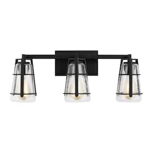 Adelaide 24 in. 3-Light Matte Black Craftsman Transitional Bathroom Vanity Light with Clear Seeded Glass Shades