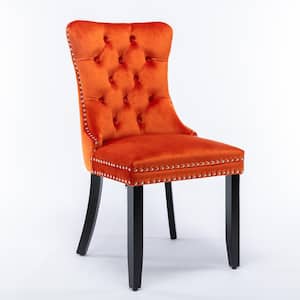 Orange Velvet Upholstered Dining Chair with Wood Legs Nailhead Trim (Set of 2)