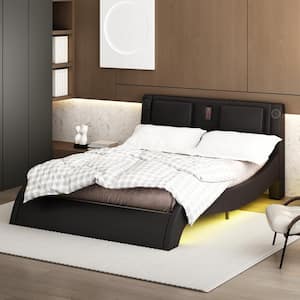 Black Wood Frame Queen Size Bed Panel Bed, Massage Upholstered Headboard, Variable LED Light, USB, Bluetooth Speaker