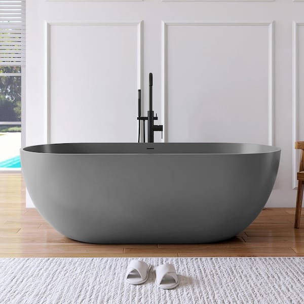 MEDUNJESS Ariana 65 in. x 30 in. Stone Resin Solid Surface Flatbottom Freestanding Soaking Bathtub in Mid Gray