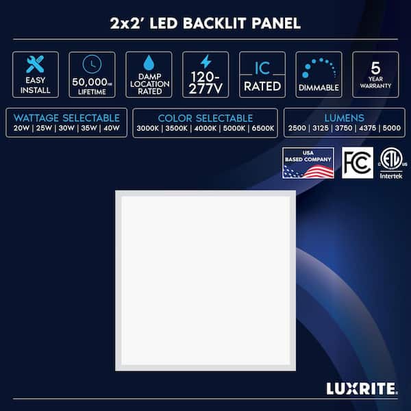 40-Watt 2x2 ft.Integrated LED Backlit Panel Light, 3000K-6500K, 2500-5000LM, Dimmable, DLC Premium, ETL Listed 16-Pack