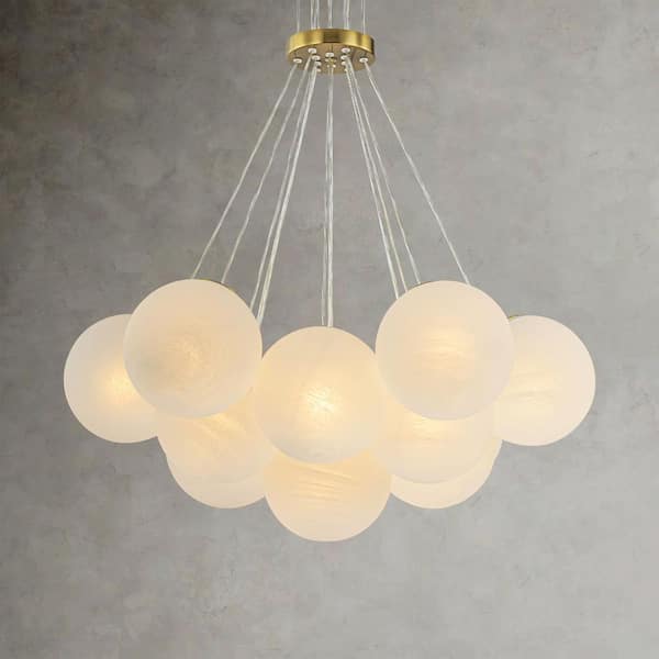 Mina 13-Light Brushed Gold Hanging Glass Moon Globe Chandelier with Cloudy Marble Stone Style Bubbles