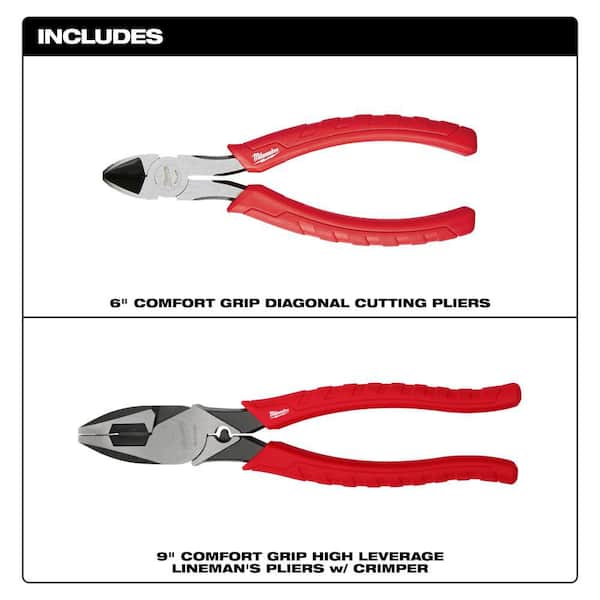 6" Comfort Grip Diagonal Cutting Pliers and 9" Comfort Grip High Leverage Lineman's Pliers with Crimper