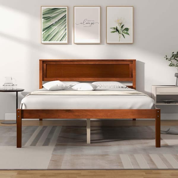 Brown Walnut Wood Frame Full Size Platform Bed Frame with Headboard Mattress Foundation
