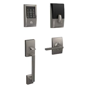 Century Satin Nickel Encode Plus Smart WiFi Deadbolt and Handleset Grip with Latitude Door Handle and Century Trim