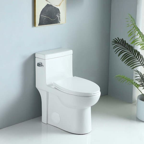 12 in. 1-piece 1.28 GPF Water-Efficient Single Flush Elongated Toilet in Glossy White Soft Closing Seat Included