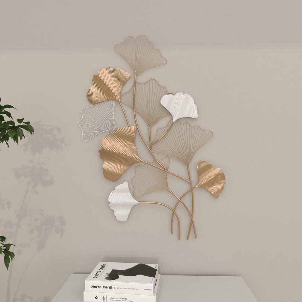 Gold and White Metal Leaf Wall Sculpture with Botanical Design