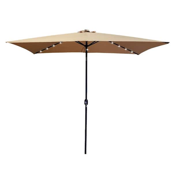Unbranded 10 ft. x 6.5 ft. Rectangular Metal Market Solar Tilt Outdoor Patio Umbrella in Taupe with Crank and 6 Sturdy Ribs