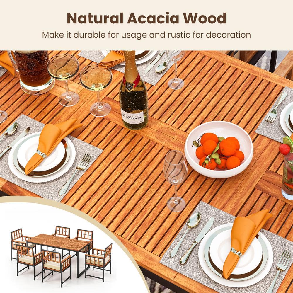 7-Piece Beige Cushion Acacia Wood Outdoor Dining Set