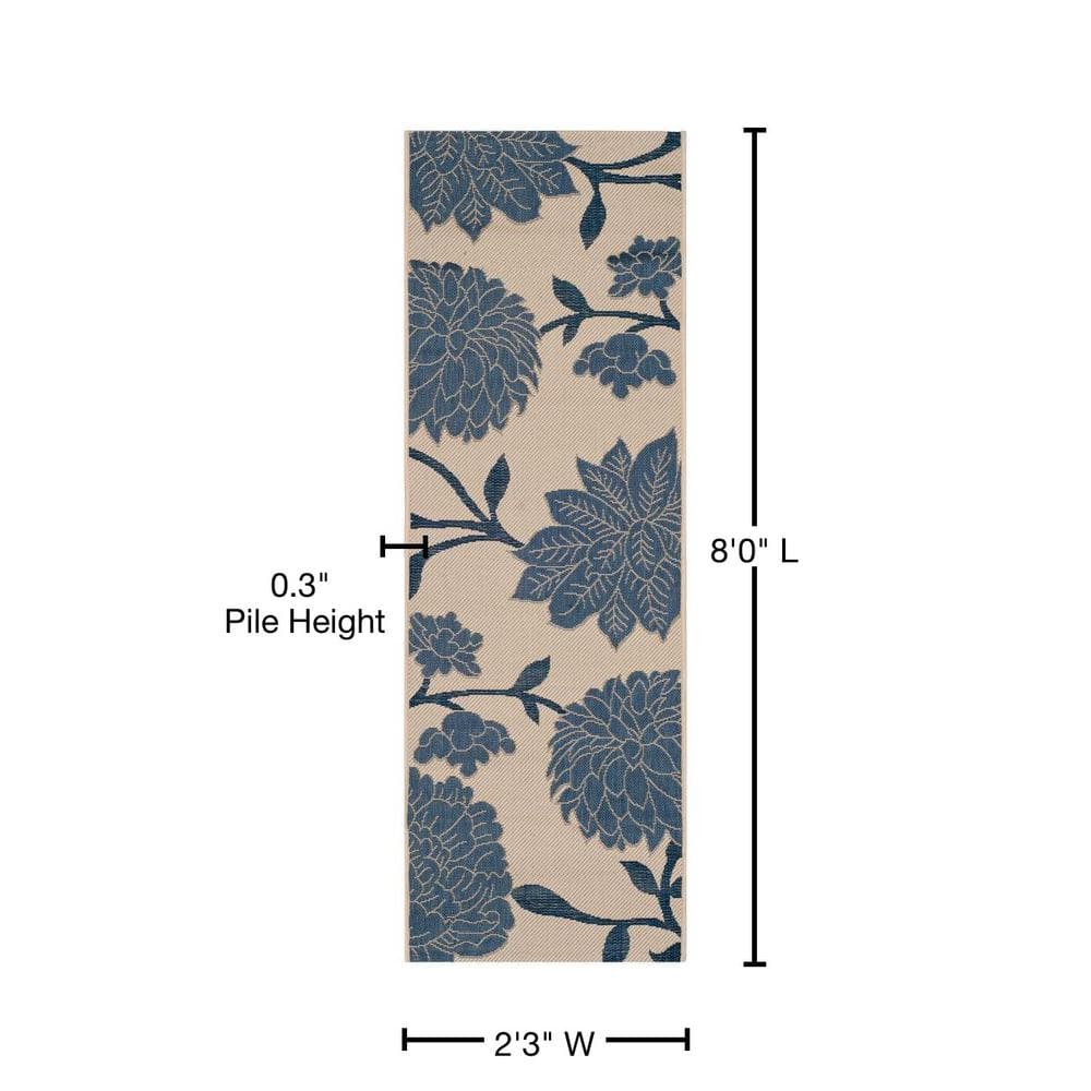 Beige and Blue Floral Synthetic Indoor/Outdoor Runner Rug