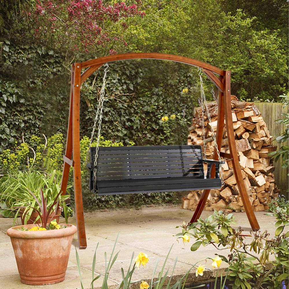 Karl 3-Person Black Wood Outdoor Swing Chair with Chains