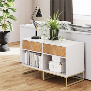 Kensi White Nightstand Gold Metal Base with Open Cubby and Drawer, 17" L x 22" H x 19" W, Set of 2