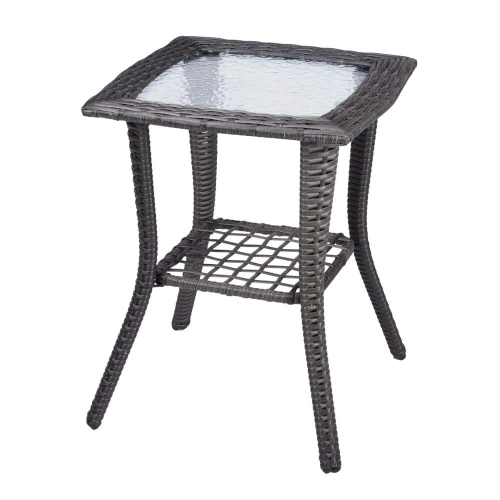 Wicker Side Table 2-Tier Rattan End Table with Glass Top, Weatherproof Patio Bistro Stand for Balcony Porch Garden Grey price history on PriceWatchPro