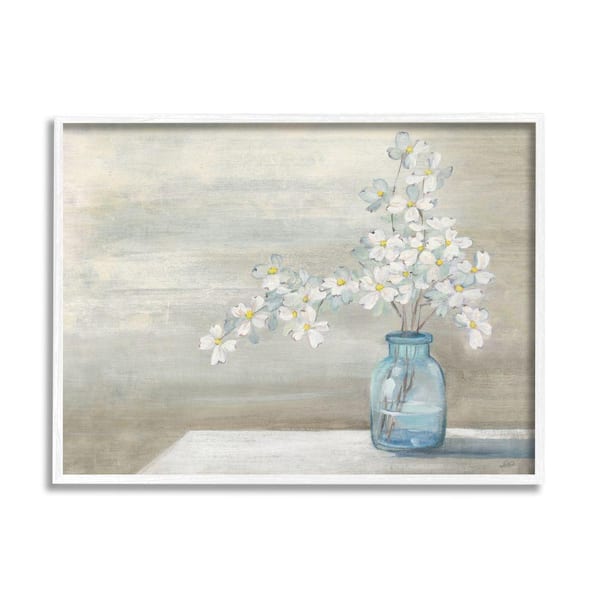 Stupell Industries Classic Dogwood White Blue Jar Country Flowers By Julia Purinton Framed Nature Texturized Art Print 24 in. x 30 in.
