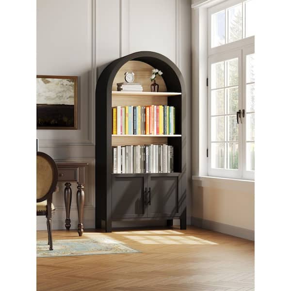 Mid-Century Modern 66.7 in. Tall Black Wood 3-Shelf Arched Accent Bookcase with 2 Doors