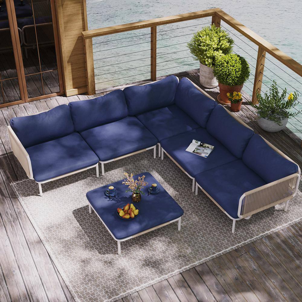 6-Piece Metal Outdoor Sectional Sofa with Navy Blue Cushions Twelve Armrest