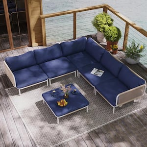 6-Piece Metal Outdoor Sectional Sofa with Navy Blue Cushions Twelve Armrest