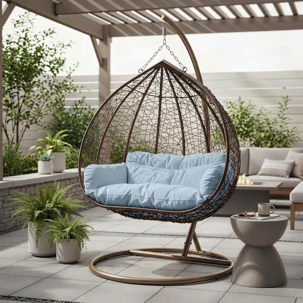 Hanging Metal Porch Swing Chair in Brown Stainless Steel Frame with Cushions Recluse Collection in Light Grey